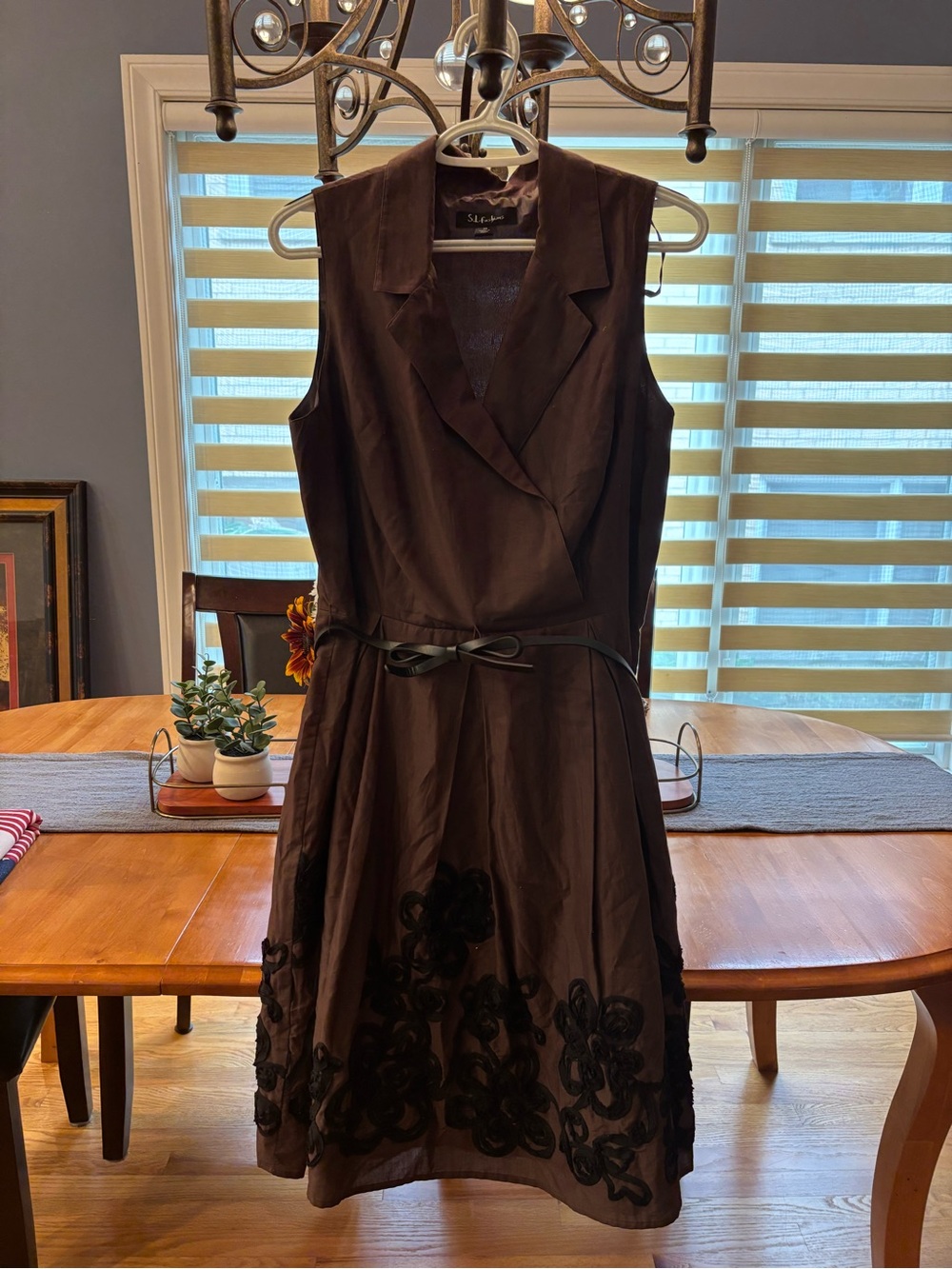 S.L. Fashions Brown Sleeveless Midi Dress with Floral Applique